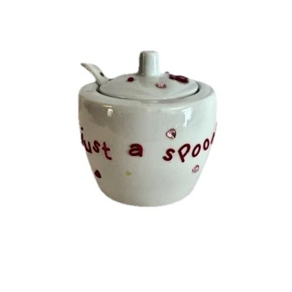 Crate & Barrel Ceramic Sugar Bowl w/ Lid & Spoon - White Red Lettering